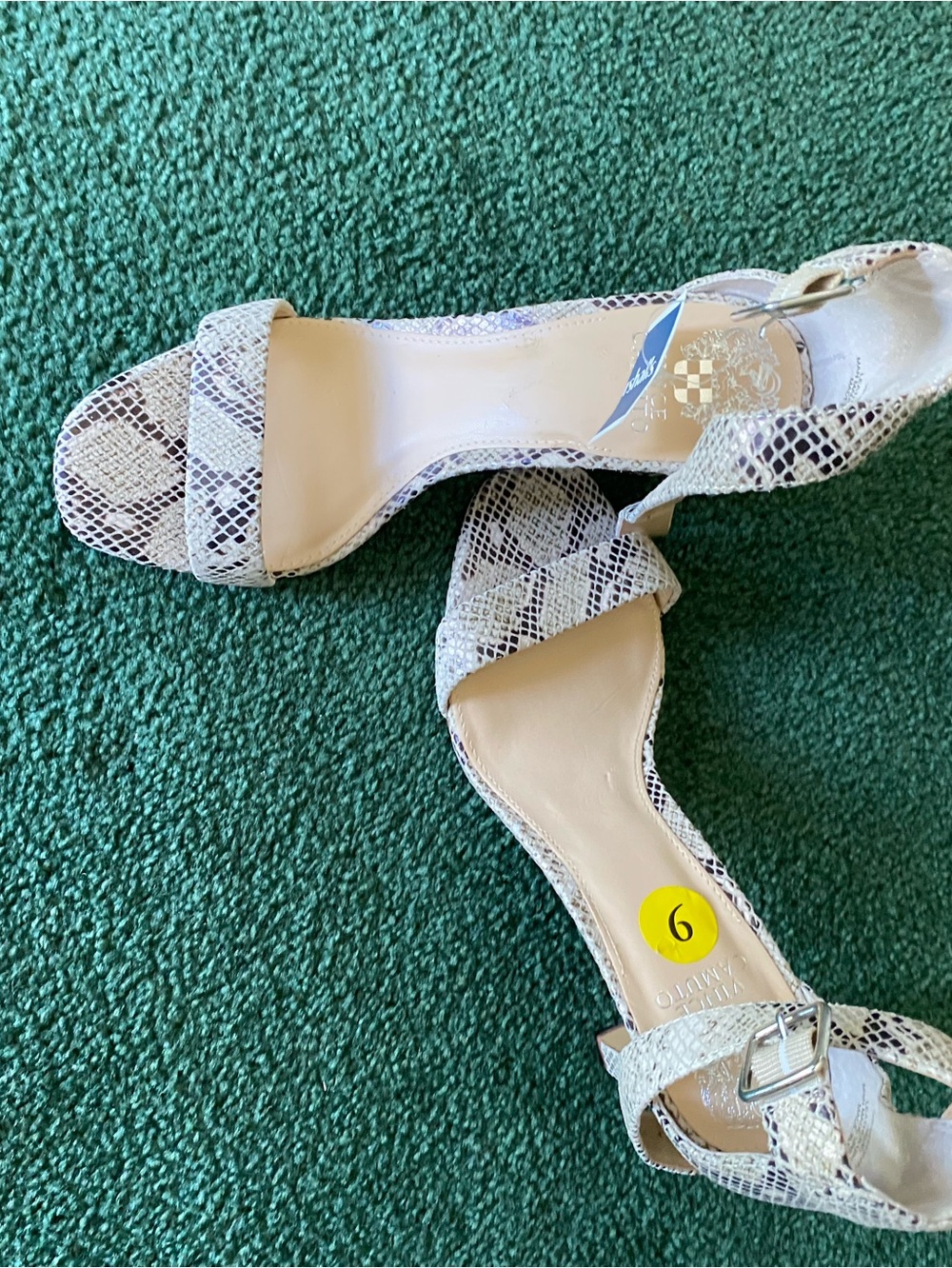 Two by Vince Camuto Snake-Print Open-Toe Ankle Strap Heels in Beige and Brown